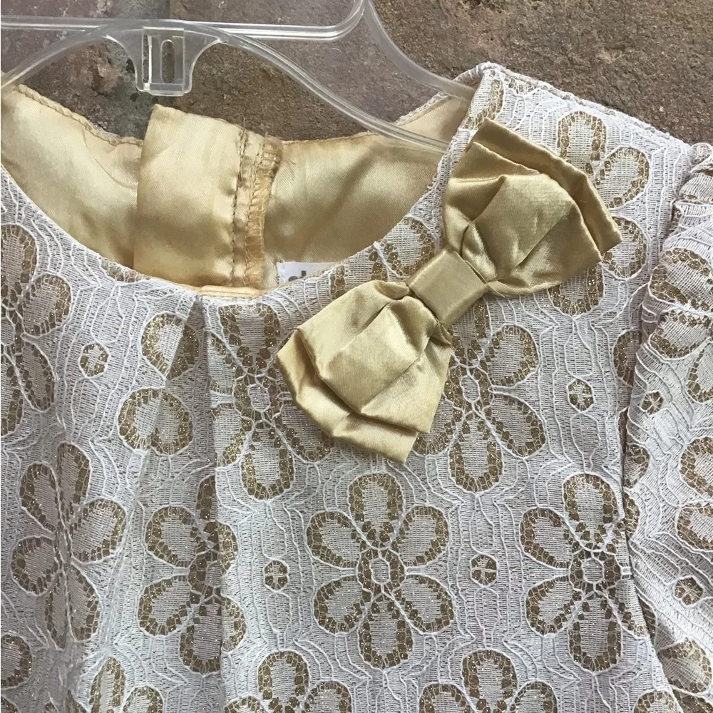 Floral Gold Lace Dress with Bow Accent size 8